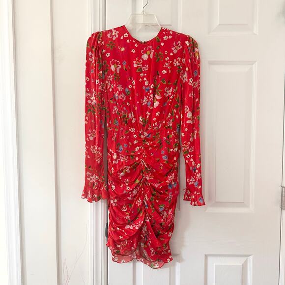 Sau Lee Dresses & Skirts - Sau Lee Red Floral Print Ruched Skirt Long Sleeve Fitted Sheath Mini Dress 2
